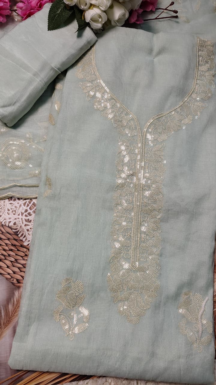 Ice Blue Mulchanderi Embroidered Suit Set with Dupatta | Code 068
