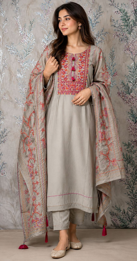 Code 014 Cotton Silk Blend Unstitched Suit Set with Embroidered Dupatta | AASAKI