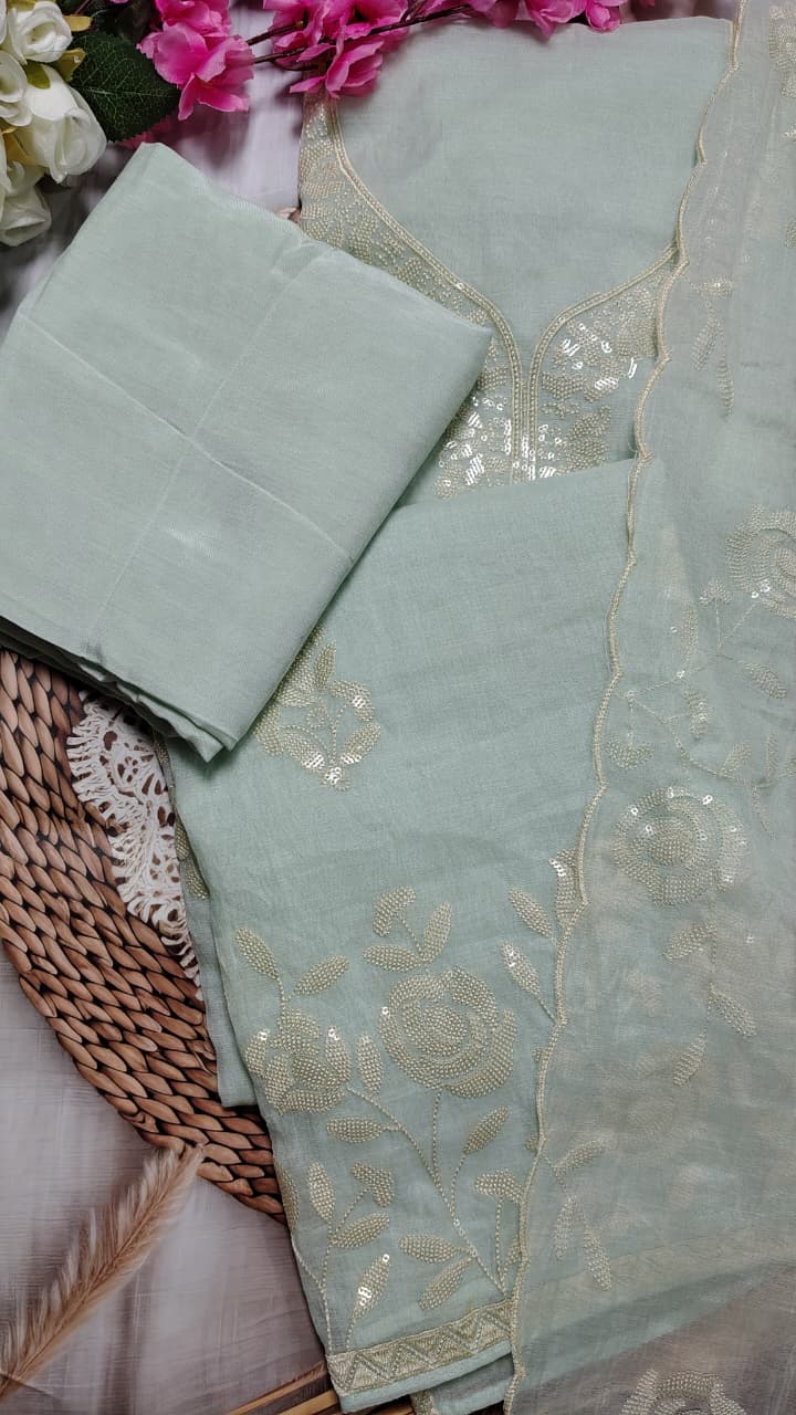 Ice Blue Mulchanderi Embroidered Suit Set with Dupatta | Code 068