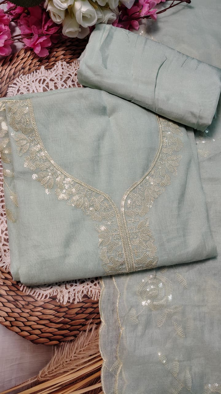 Ice Blue Mulchanderi Embroidered Suit Set with Dupatta | Code 068