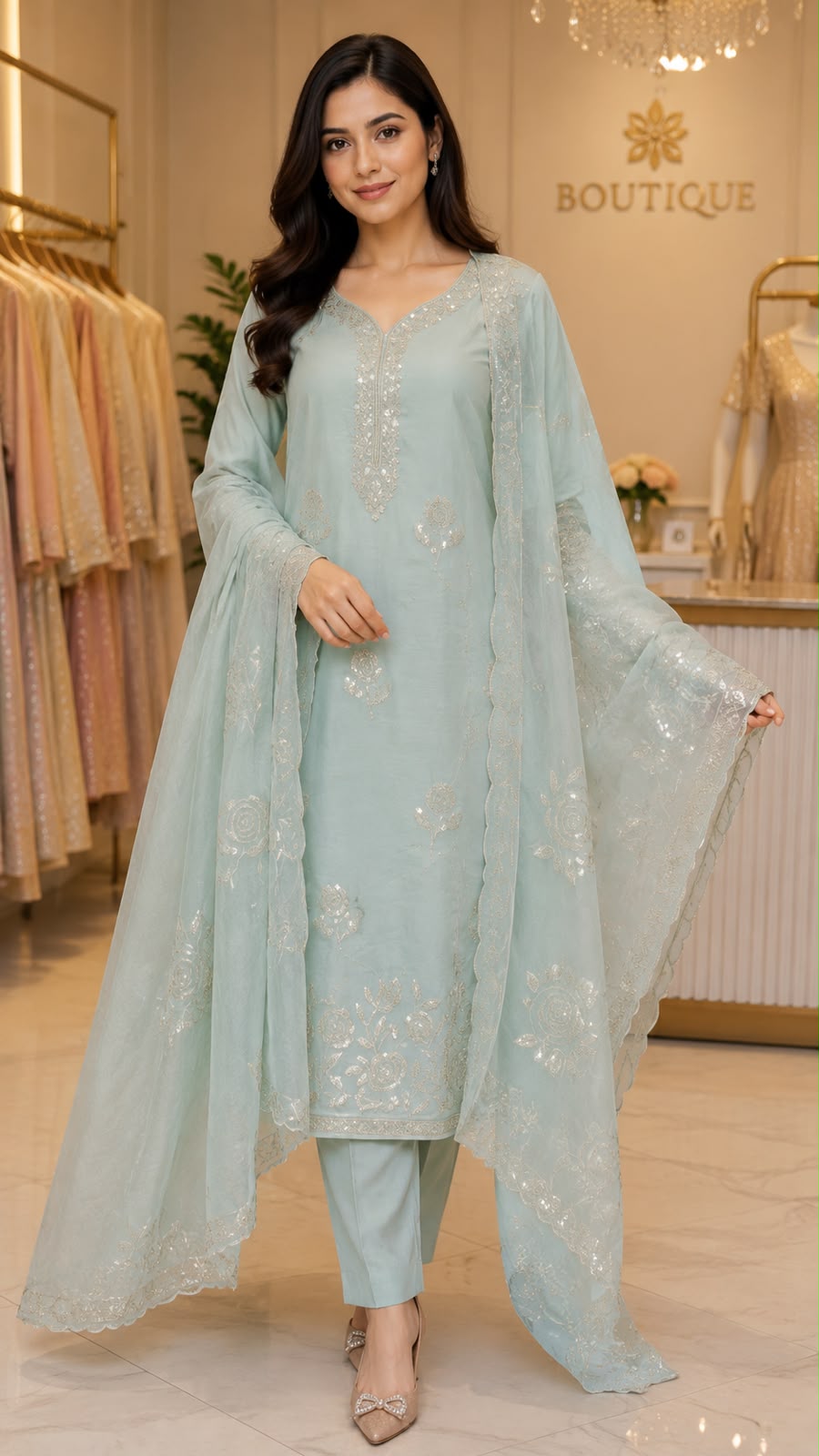 Ice Blue Mulchanderi Embroidered Suit Set with Dupatta | Code 068