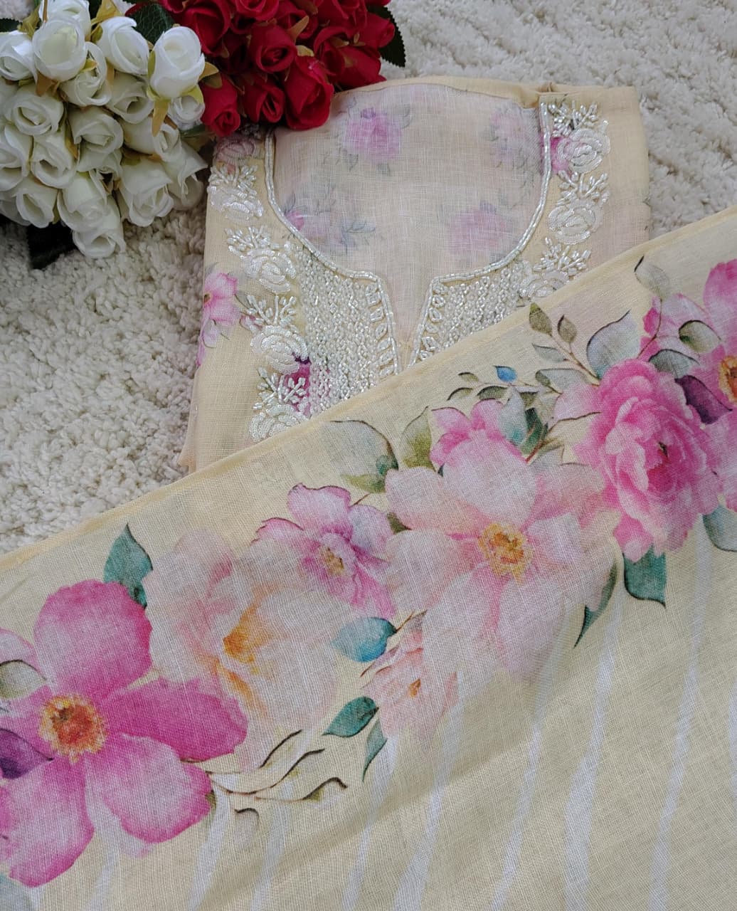 Mul Chanderi Floral Print Suit Set with Embroidered Neck & Printed Dupatta | Code 047