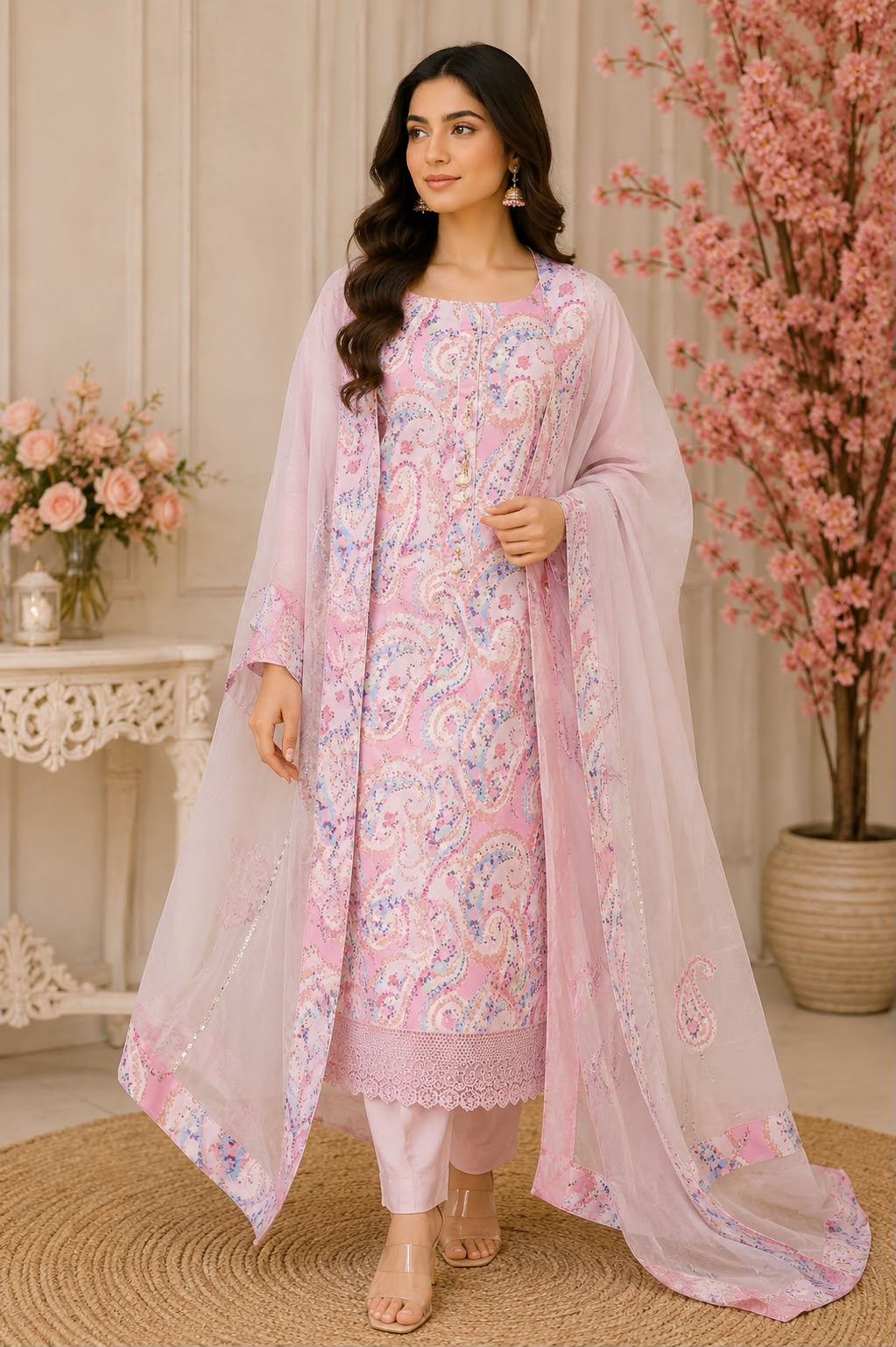 Pink Pure Mul Cotton Unstitched Suit Set with Mul Cotton Dupatta | Code 050 | AASAKI