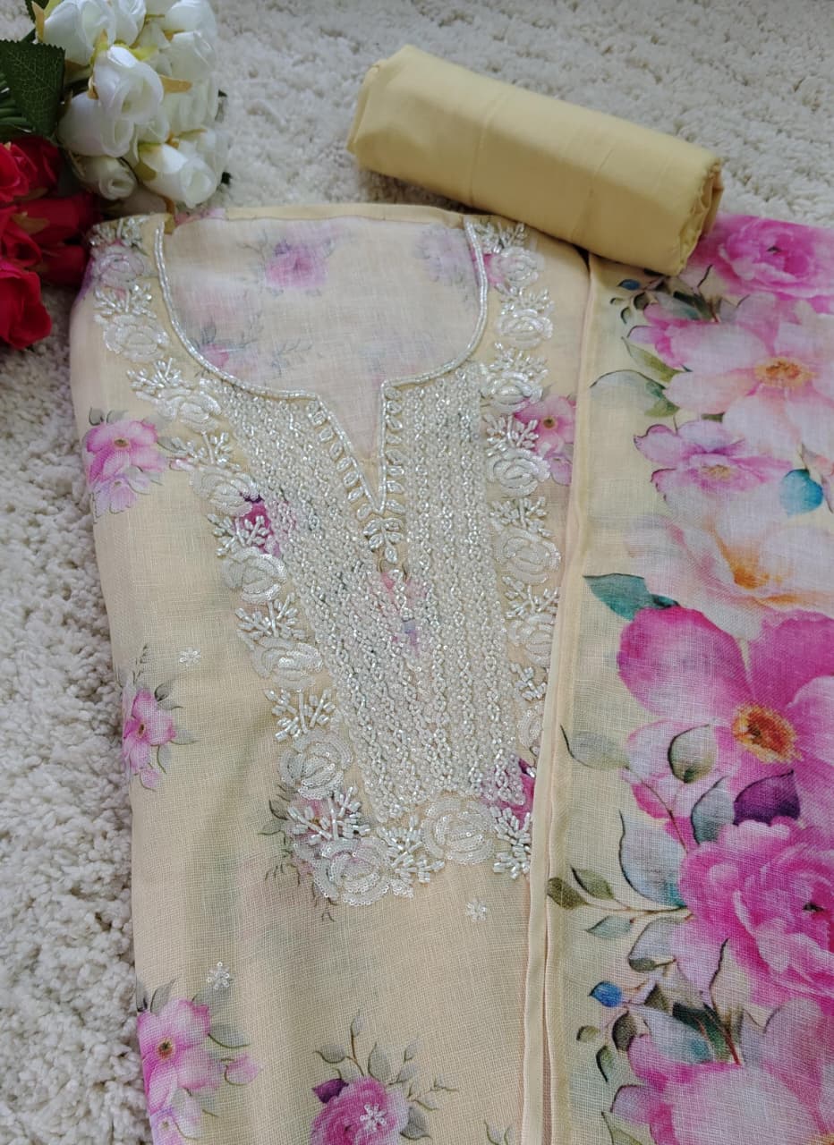 Mul Chanderi Floral Print Suit Set with Embroidered Neck & Printed Dupatta | Code 047