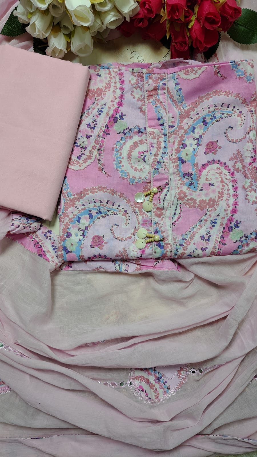 Pink Pure Mul Cotton Unstitched Suit Set with Mul Cotton Dupatta | Code 050 | AASAKI