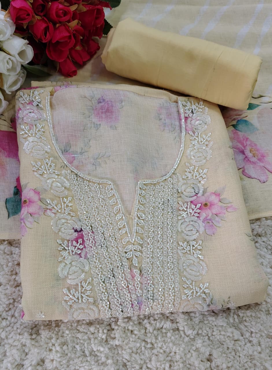 Mul Chanderi Floral Print Suit Set with Embroidered Neck & Printed Dupatta | Code 047