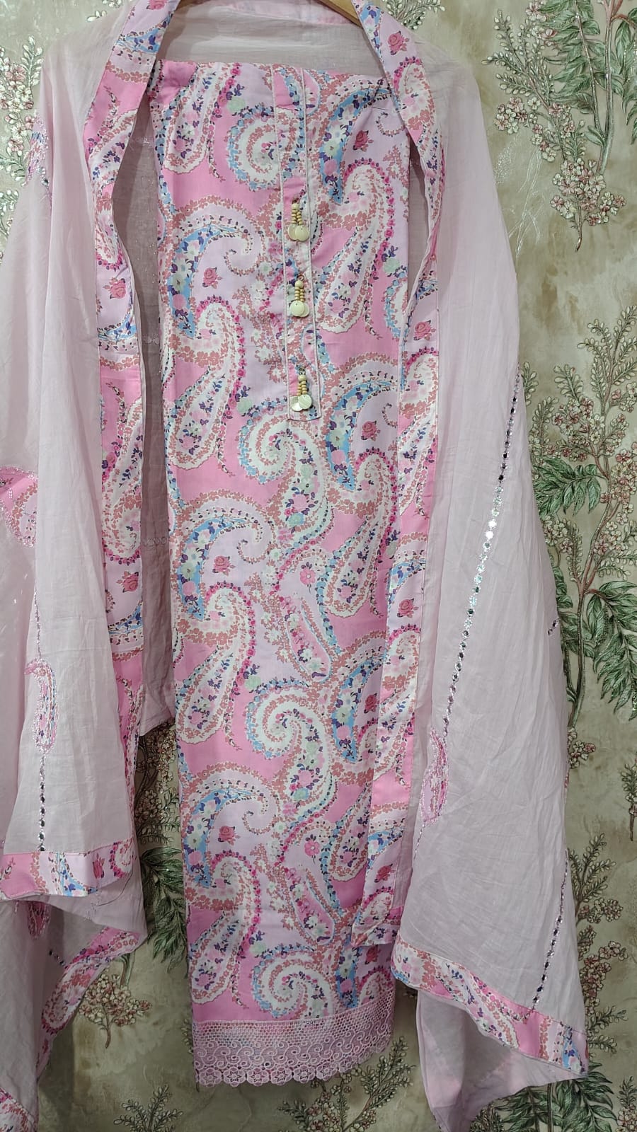 Pink Pure Mul Cotton Unstitched Suit Set with Mul Cotton Dupatta | Code 050 | AASAKI