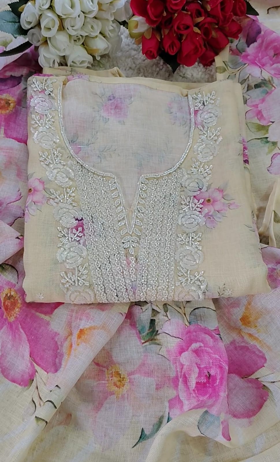 Mul Chanderi Floral Print Suit Set with Embroidered Neck & Printed Dupatta | Code 047