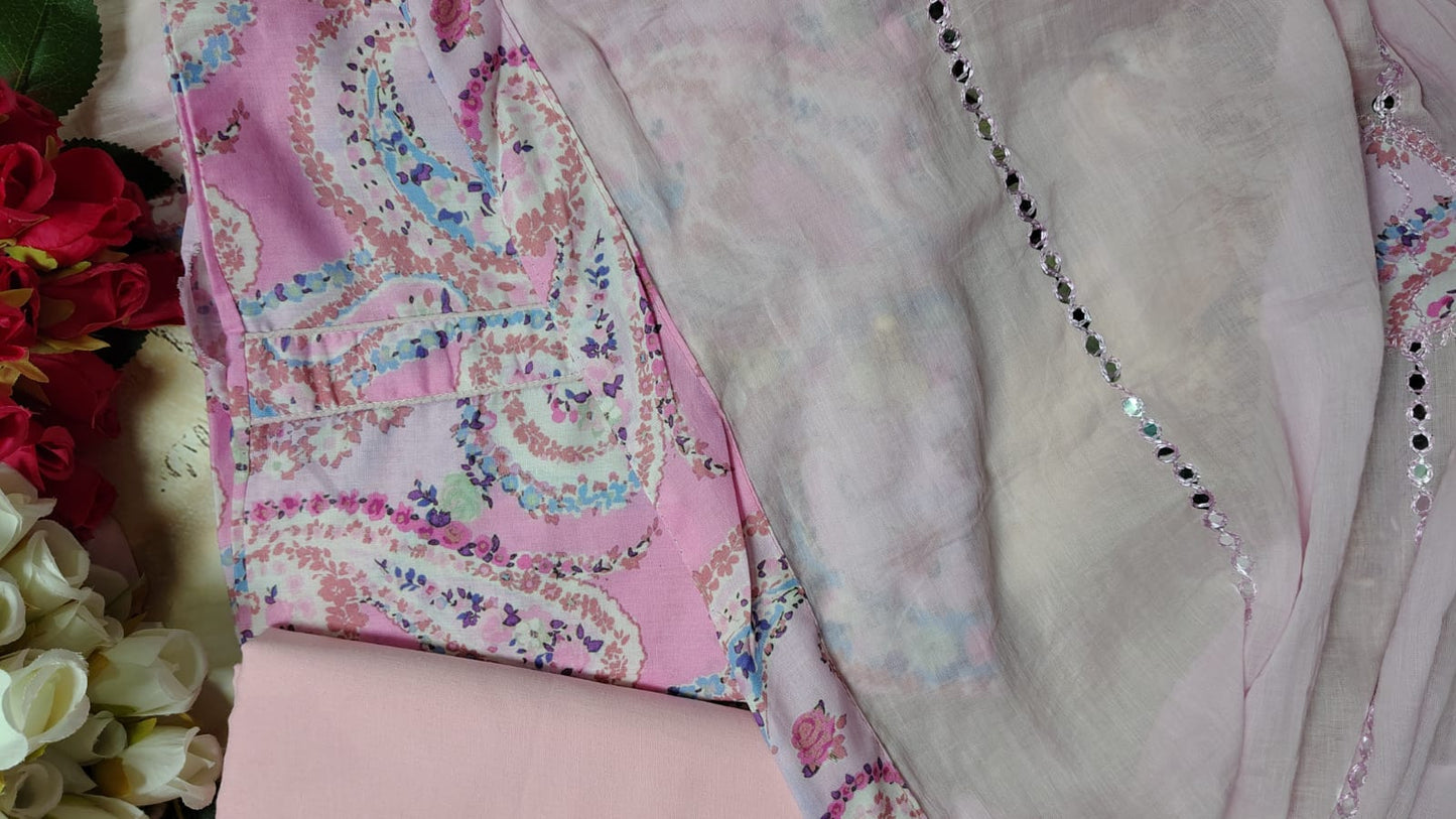 Pink Pure Mul Cotton Unstitched Suit Set with Mul Cotton Dupatta | Code 050 | AASAKI