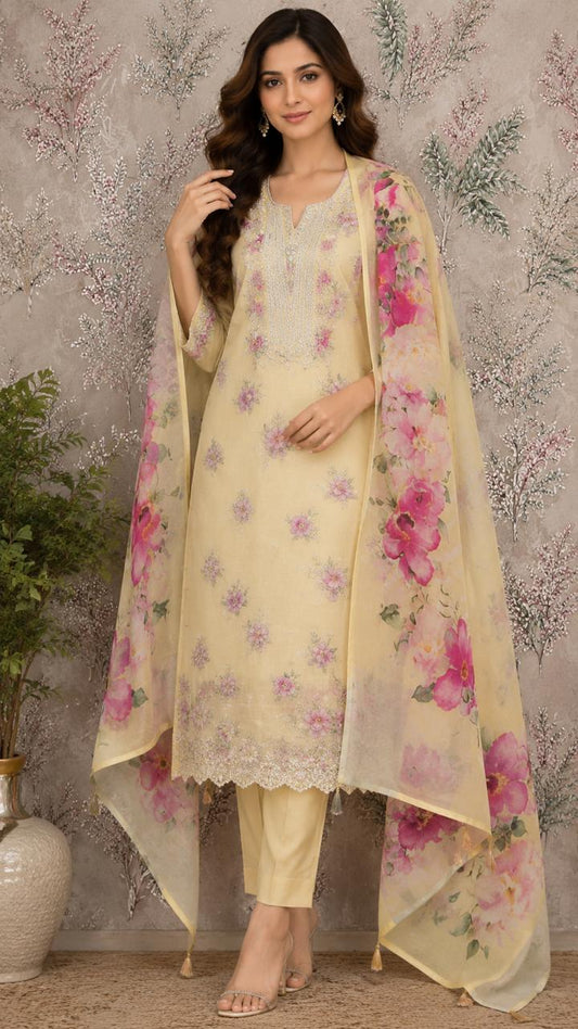 Mul Chanderi Floral Print Suit Set with Embroidered Neck & Printed Dupatta | Code 047