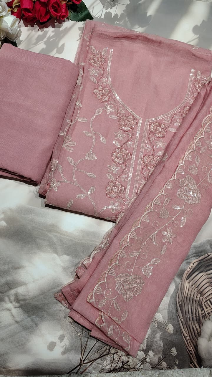 Mulchanderi Embroidered Pink Suit Set with Dupatta | Code 048