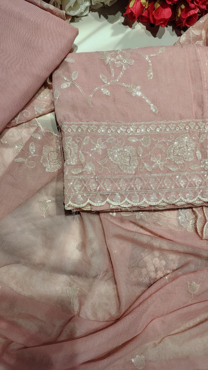 Mulchanderi Embroidered Pink Suit Set with Dupatta | Code 048