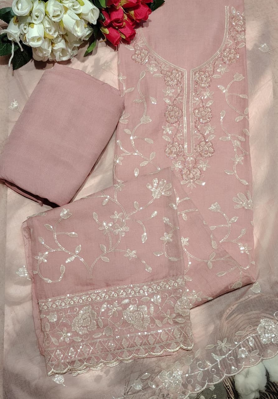 Mulchanderi Embroidered Pink Suit Set with Dupatta | Code 048
