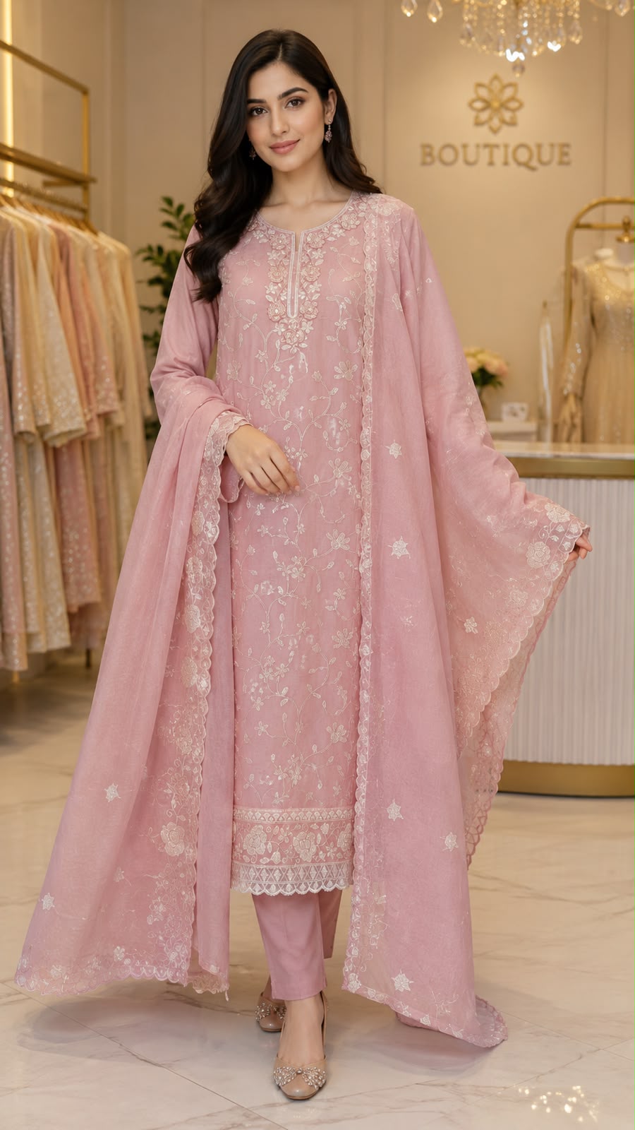 Mulchanderi Embroidered Pink Suit Set with Dupatta | Code 048